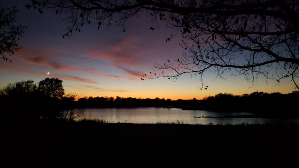 Lake during sunset with trees and grasses around and blue to yellow skies